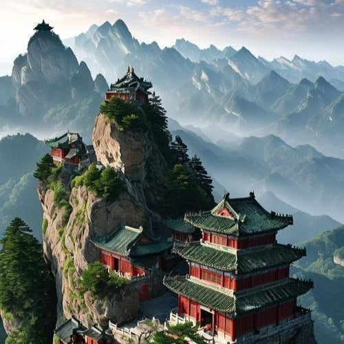 Ancient Taoist temples nestled among the misty peaks of China sacred mountains