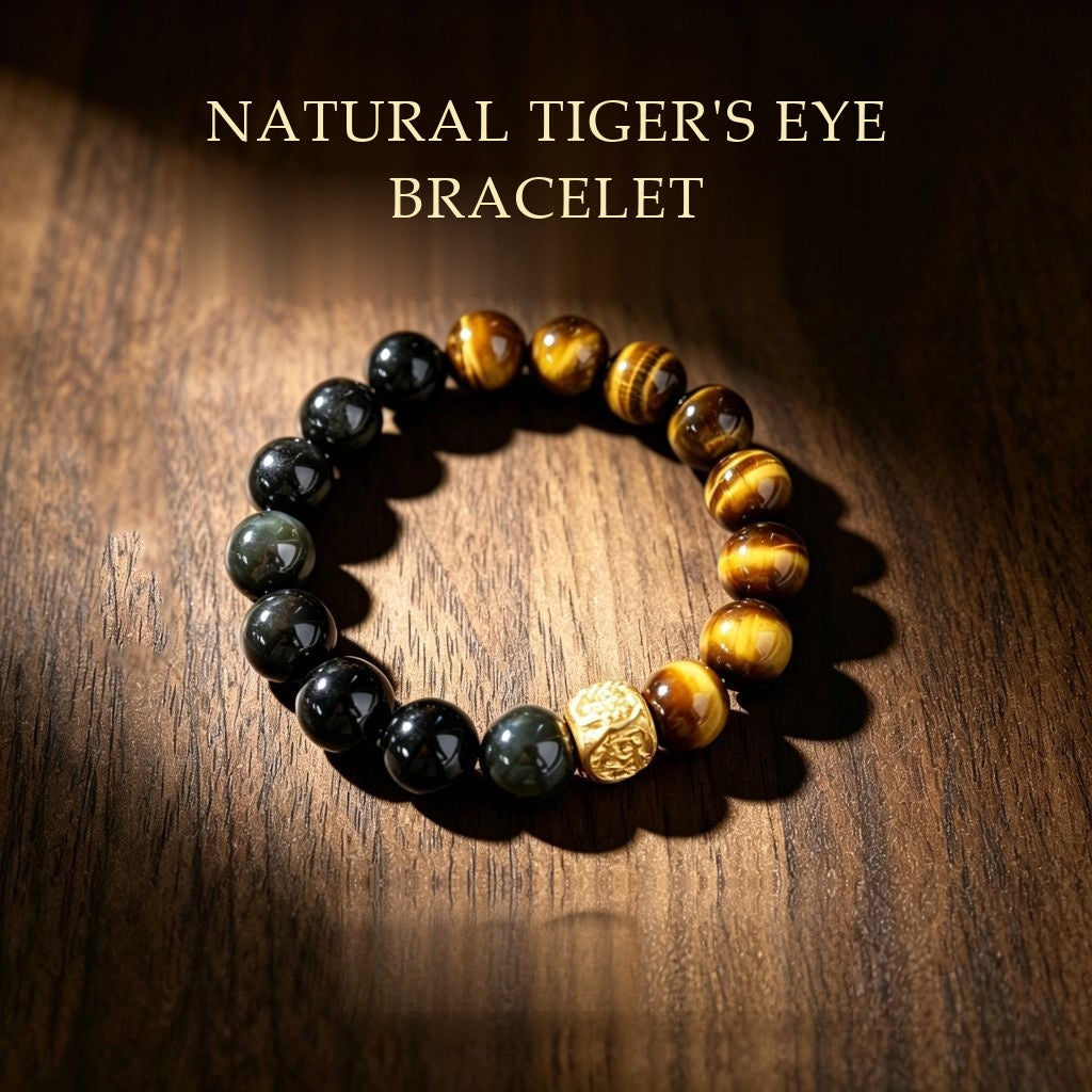 Natural Yellow Tiger's Eye & Rainbow Obsidian Bracelet | Gilded Talisman for Wealth & Protection (12mm)