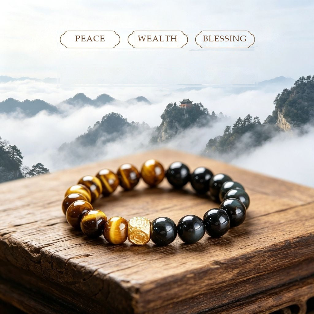 Natural Yellow Tiger's Eye & Rainbow Obsidian Bracelet | Gilded Talisman for Wealth & Protection (12mm)