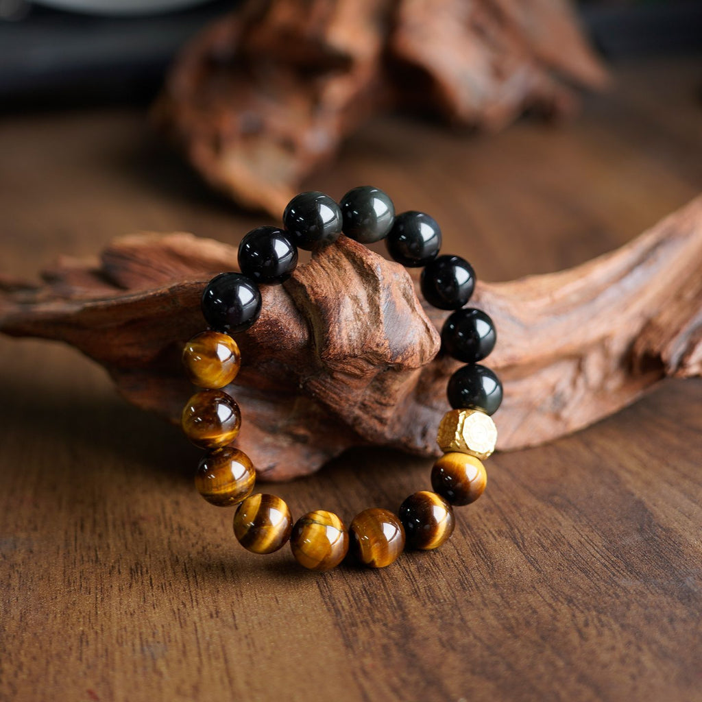 Natural Yellow Tiger's Eye & Rainbow Obsidian Bracelet | Gilded Talisman for Wealth & Protection (12mm)