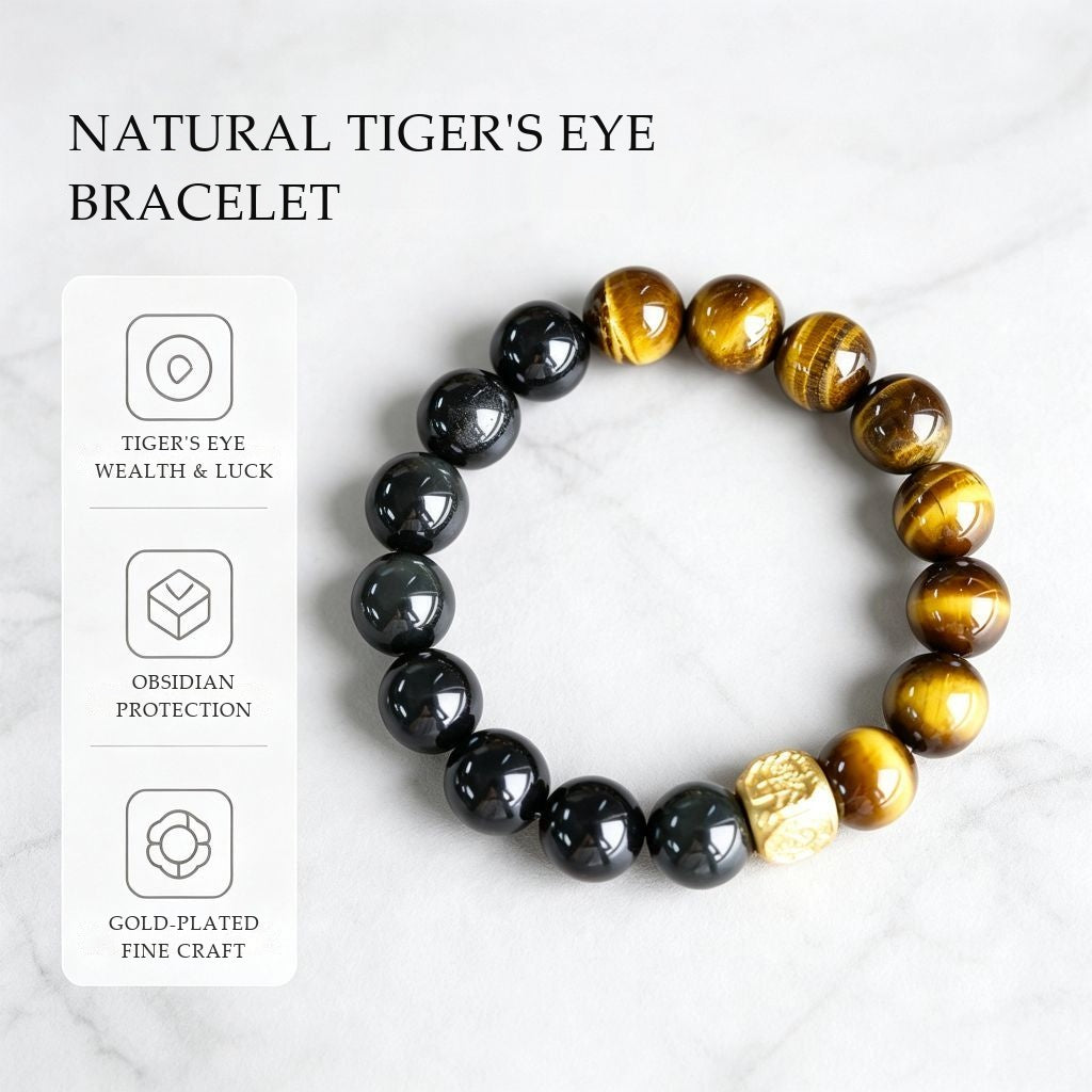 Natural Yellow Tiger's Eye & Rainbow Obsidian Bracelet | Gilded Talisman for Wealth & Protection (12mm)
