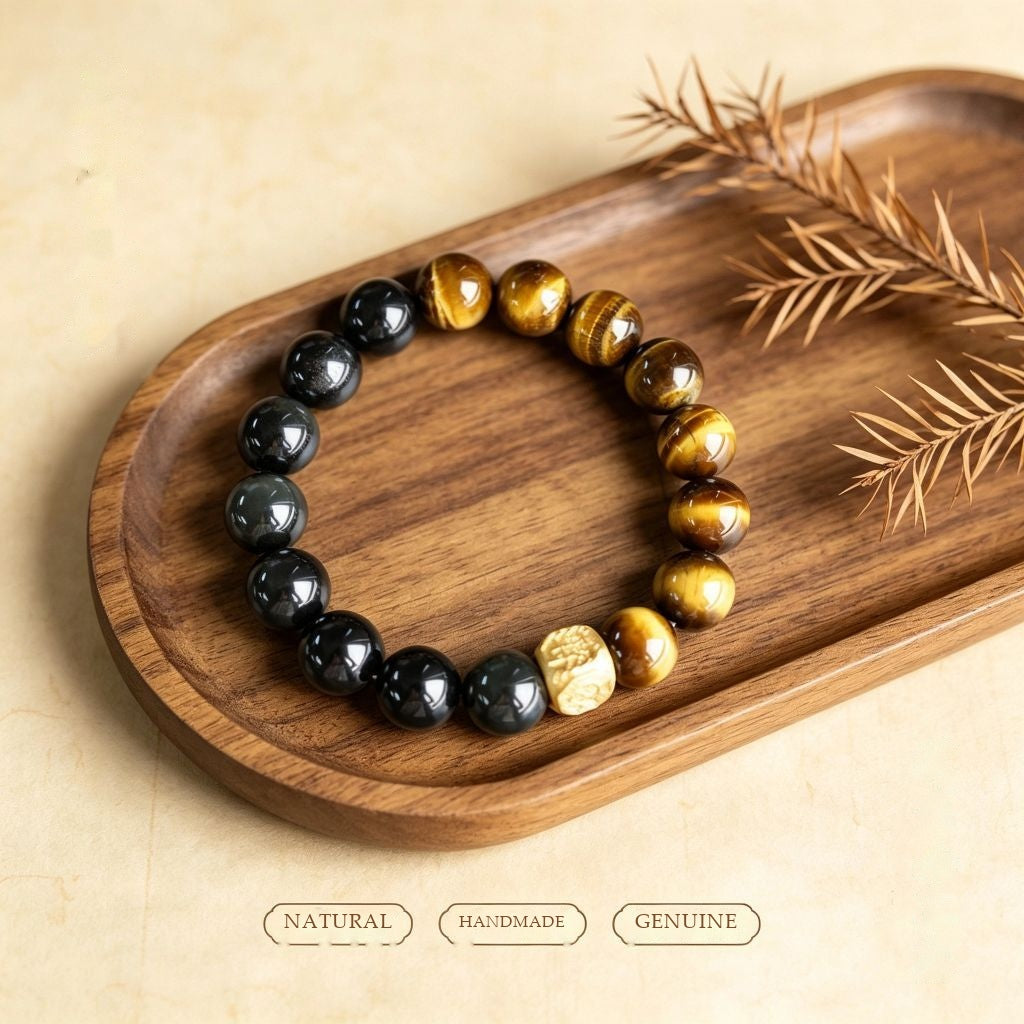 Natural Yellow Tiger's Eye & Rainbow Obsidian Bracelet | Gilded Talisman for Wealth & Protection (12mm)
