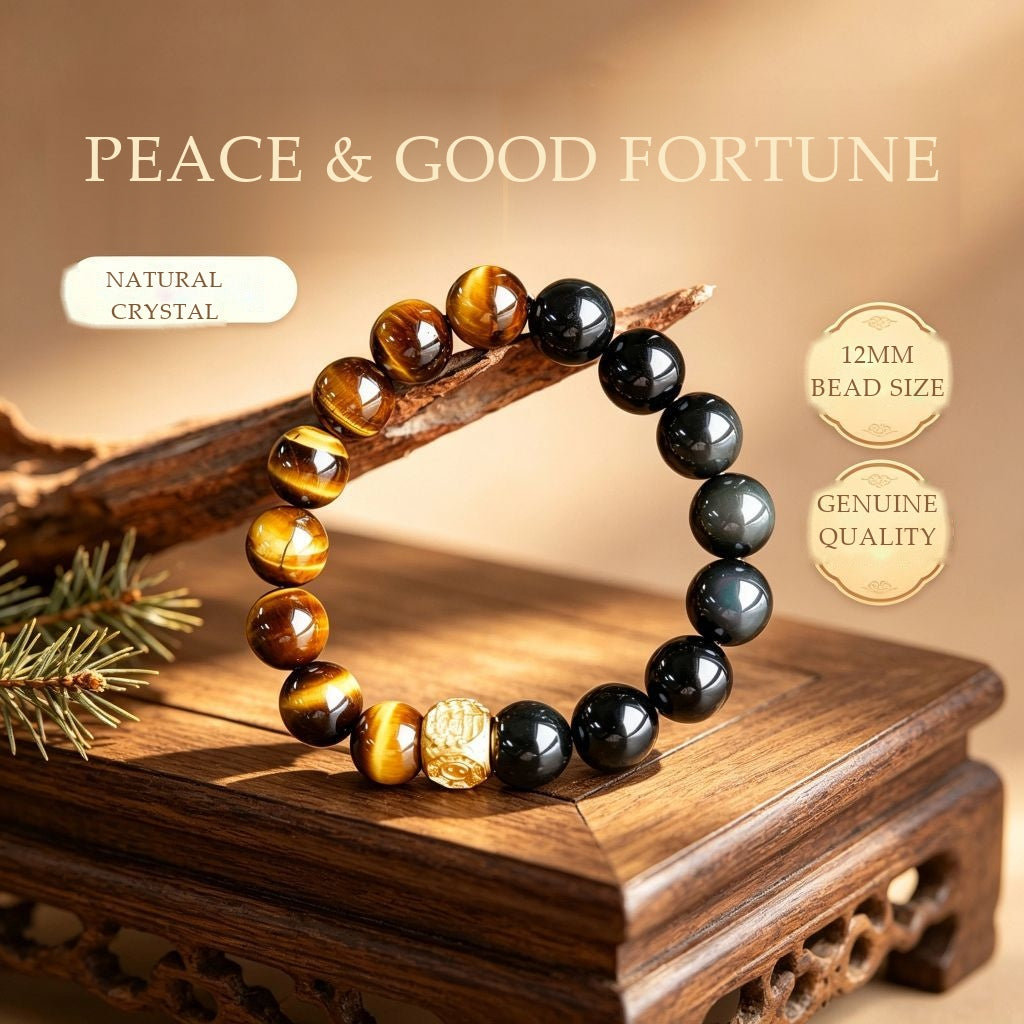 Natural Yellow Tiger's Eye & Rainbow Obsidian Bracelet | Gilded Talisman for Wealth & Protection (12mm)