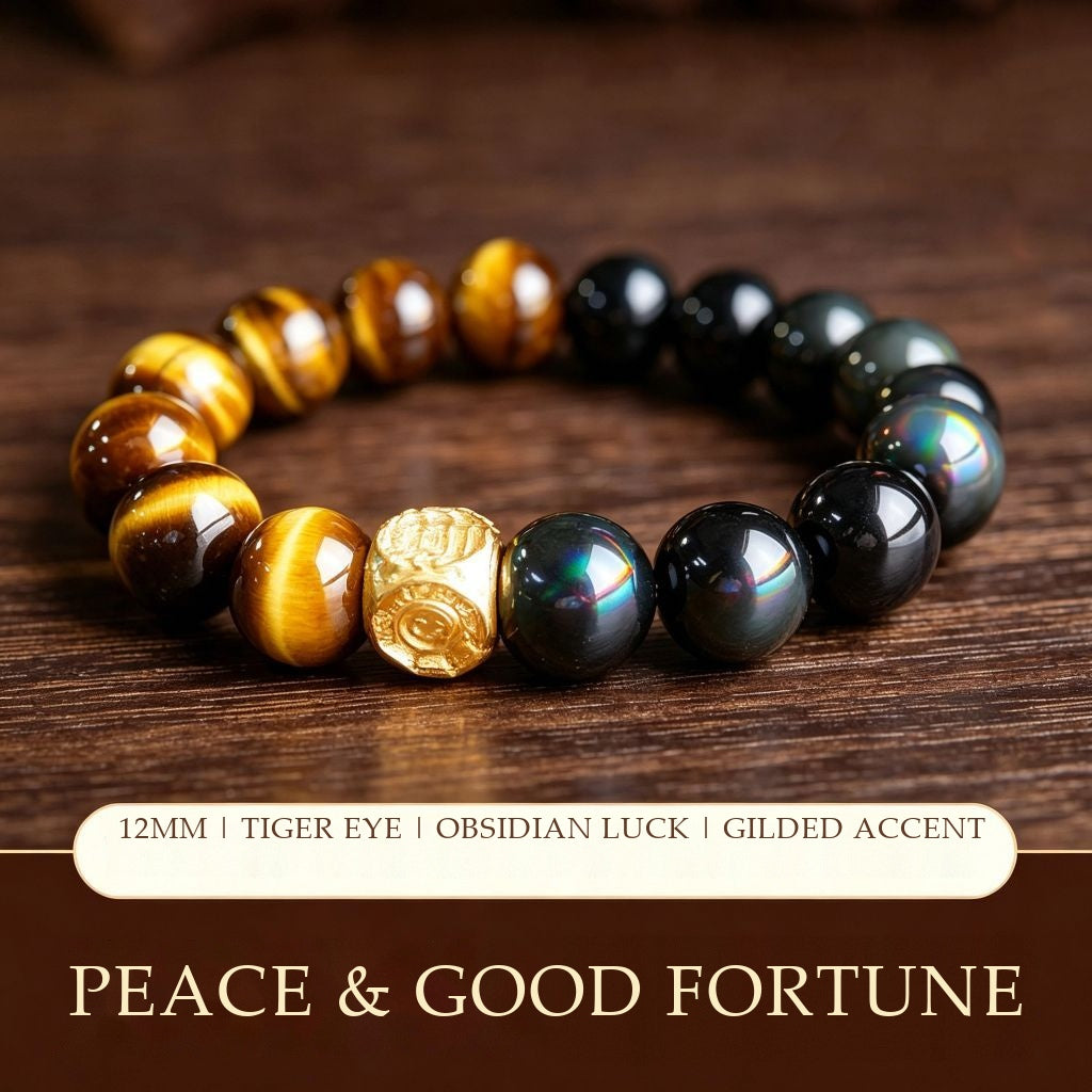 Natural Yellow Tiger's Eye & Rainbow Obsidian Bracelet | Gilded Talisman for Wealth & Protection (12mm)