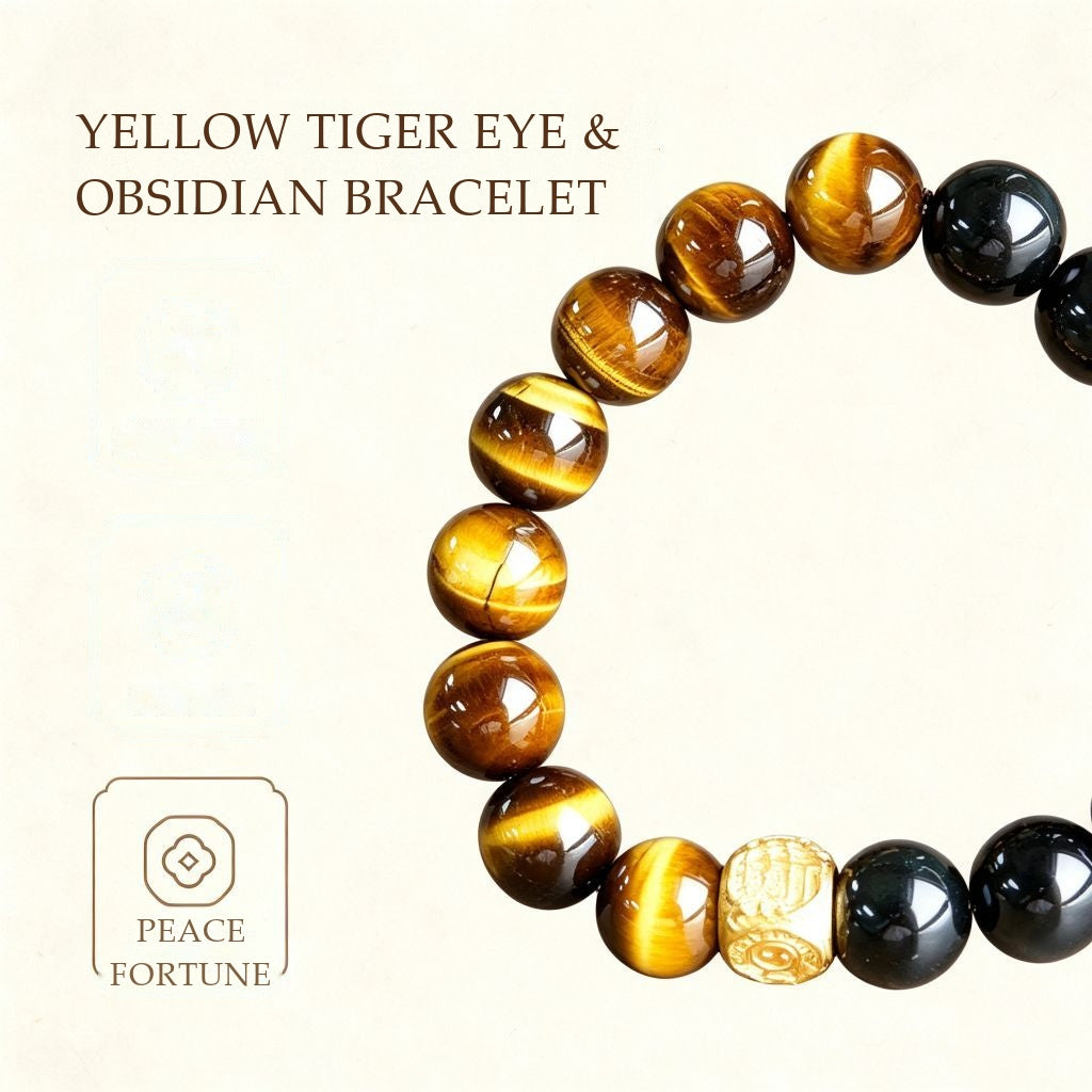 Natural Yellow Tiger's Eye & Rainbow Obsidian Bracelet | Gilded Talisman for Wealth & Protection (12mm)