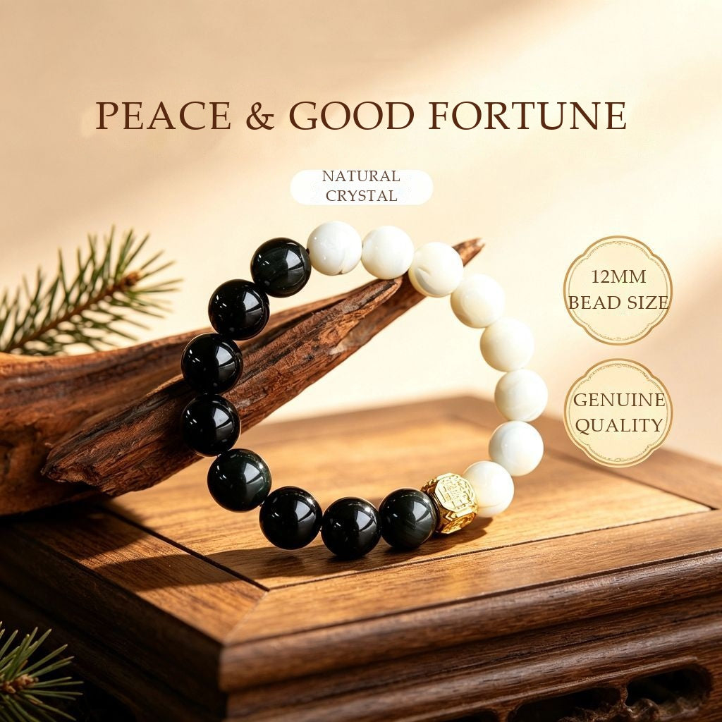White Shell Pearl & Obsidian Yin-Yang Bracelet | Gilded Talisman for Peace & Balance (12mm)