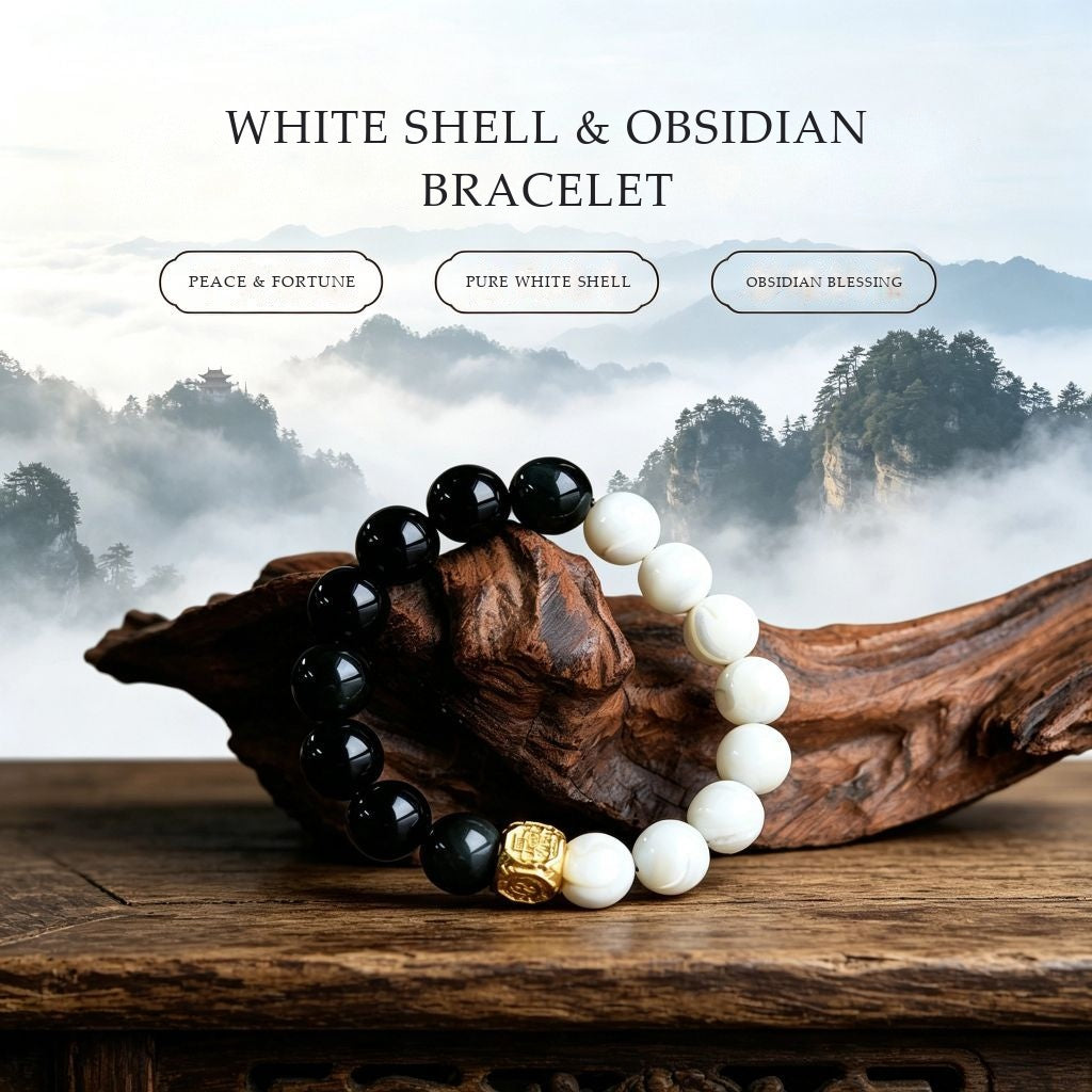 White Shell Pearl & Obsidian Yin-Yang Bracelet | Gilded Talisman for Peace & Balance (12mm)
