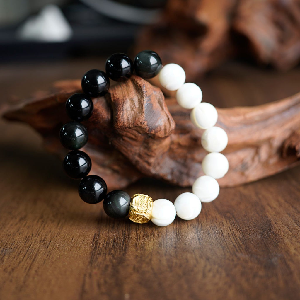 White Shell Pearl & Obsidian Yin-Yang Bracelet | Gilded Talisman for Peace & Balance (12mm)