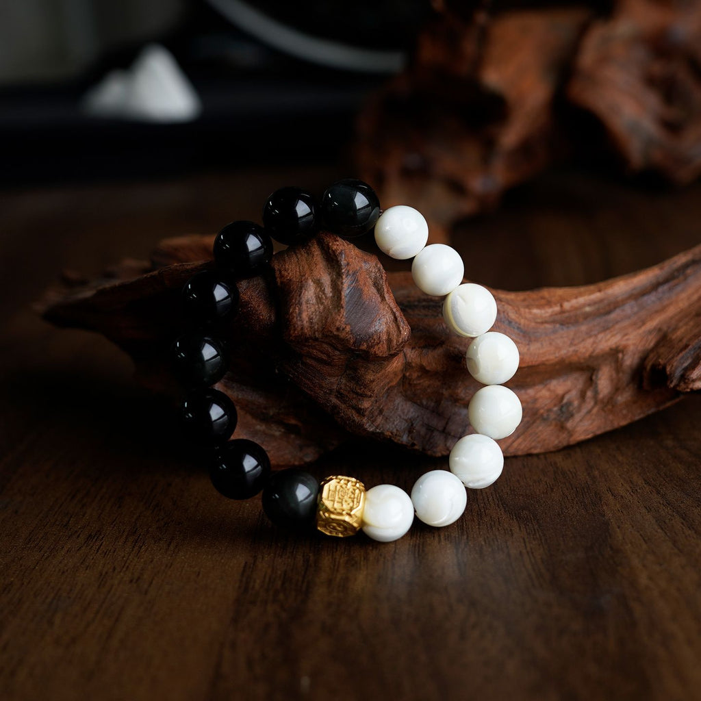 White Shell Pearl & Obsidian Yin-Yang Bracelet | Gilded Talisman for Peace & Balance (12mm)