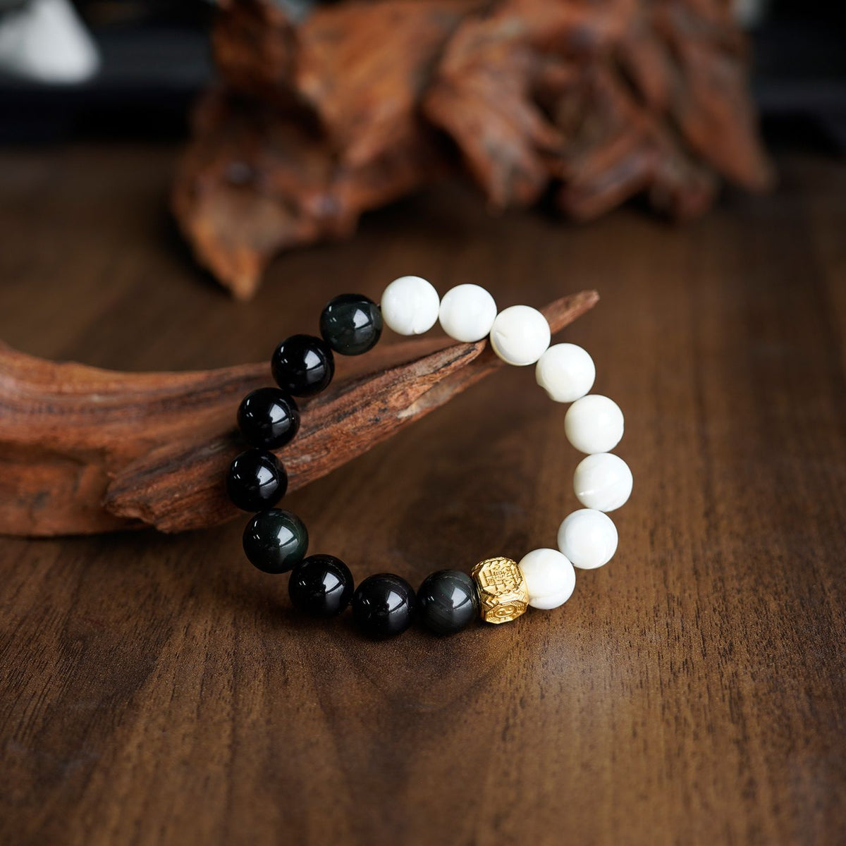 White Shell Pearl & Obsidian Yin-Yang Bracelet | Gilded Talisman for Peace & Balance (12mm)