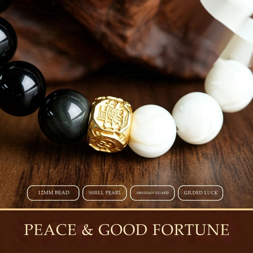 White Shell Pearl & Obsidian Yin-Yang Bracelet | Gilded Talisman for Peace & Balance (12mm)