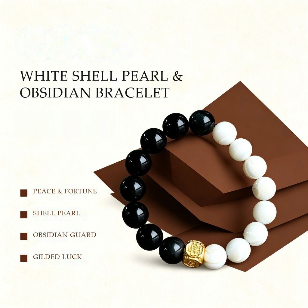 White Shell Pearl & Obsidian Yin-Yang Bracelet | Gilded Talisman for Peace & Balance (12mm)