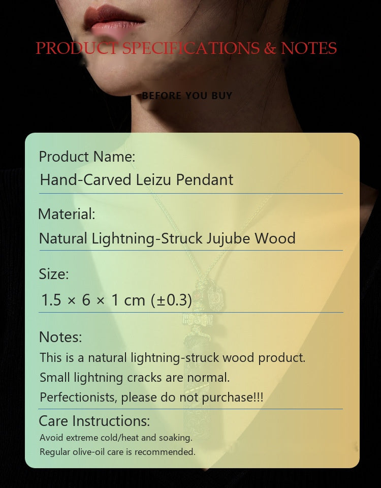 Thunder Ancestor "Lei Zu" Natural Lightning-Struck Jujube Wood Talisman Pendant