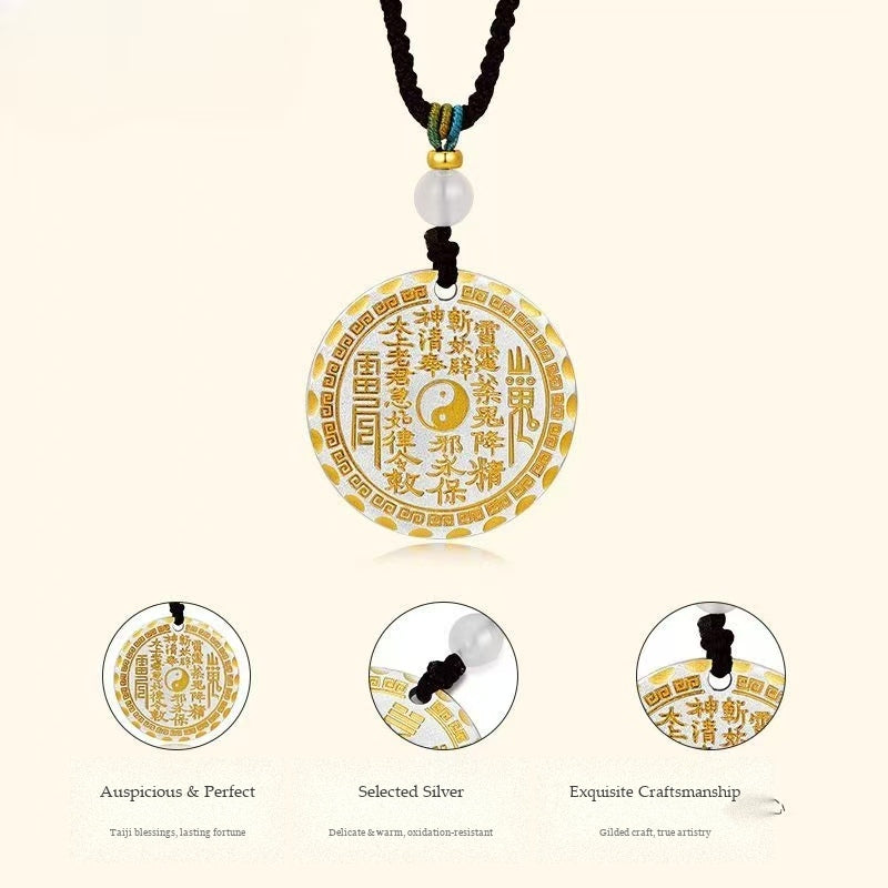 Gilded Fine Silver 999 Bagua & Mountain Spirit Talisman Pendant | Double-Sided Medallion