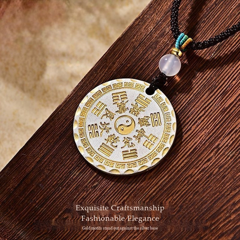 Gilded Fine Silver 999 Bagua & Mountain Spirit Talisman Pendant | Double-Sided Medallion