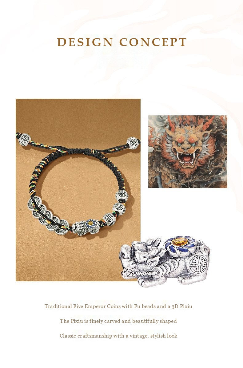 Fine Silver Five Emperor Coins & Pixiu Bracelet - Wealth & Protection Talisman