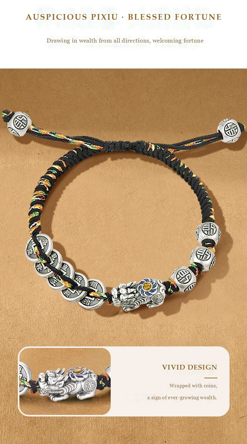 Fine Silver Five Emperor Coins & Pixiu Bracelet - Wealth & Protection Talisman