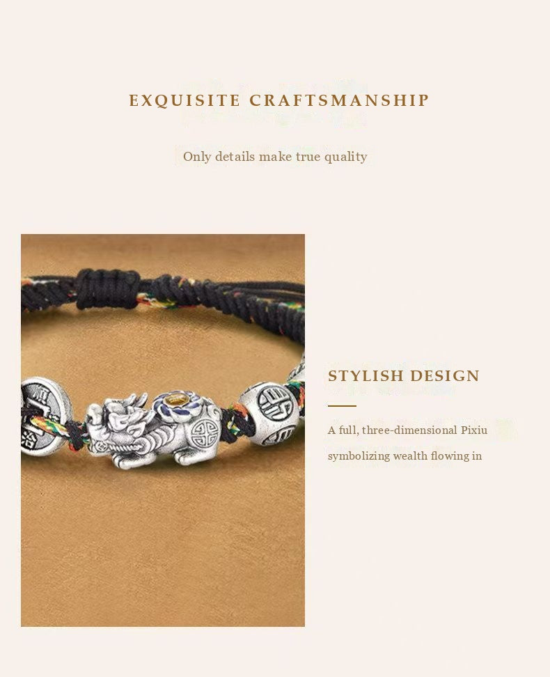 Fine Silver Five Emperor Coins & Pixiu Bracelet - Wealth & Protection Talisman