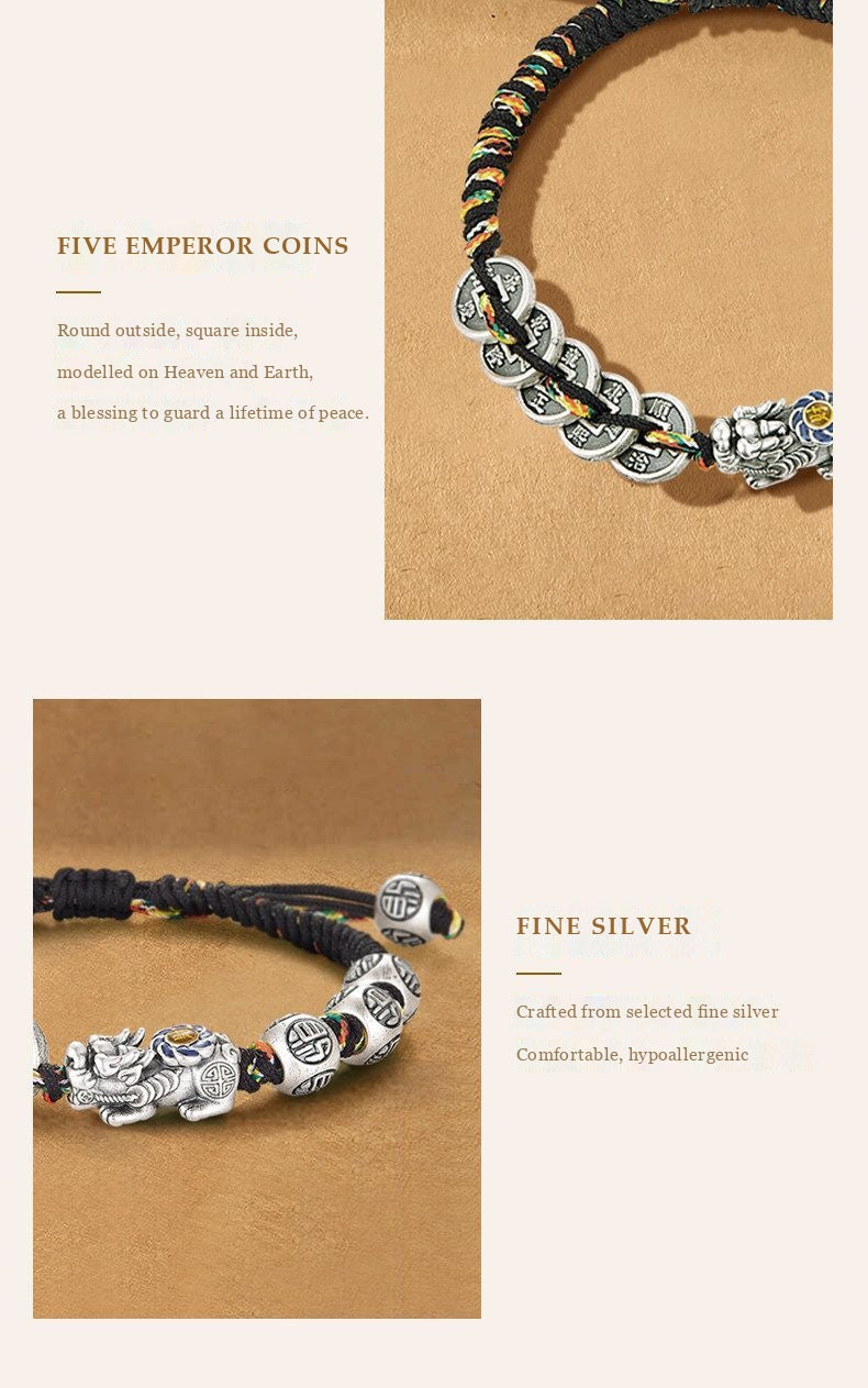 Fine Silver Five Emperor Coins & Pixiu Bracelet - Wealth & Protection Talisman