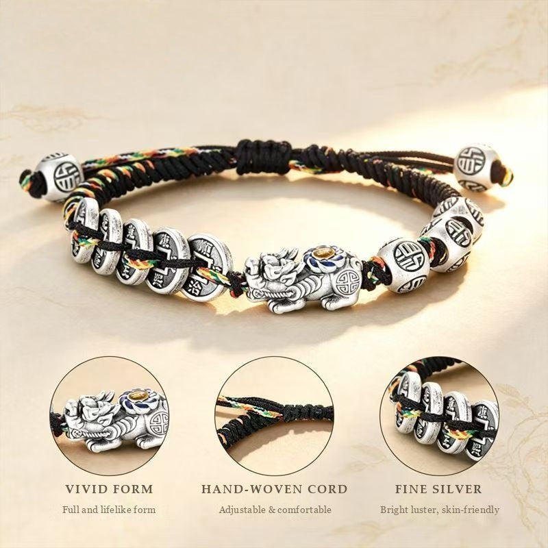Fine Silver Five Emperor Coins & Pixiu Bracelet - Wealth & Protection Talisman