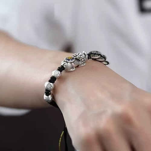 Fine Silver Five Emperor Coins & Pixiu Bracelet - Wealth & Protection Talisman