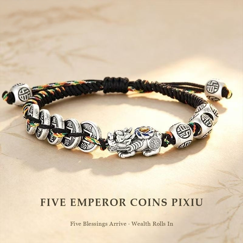 Fine Silver Five Emperor Coins & Pixiu Bracelet - Wealth & Protection Talisman