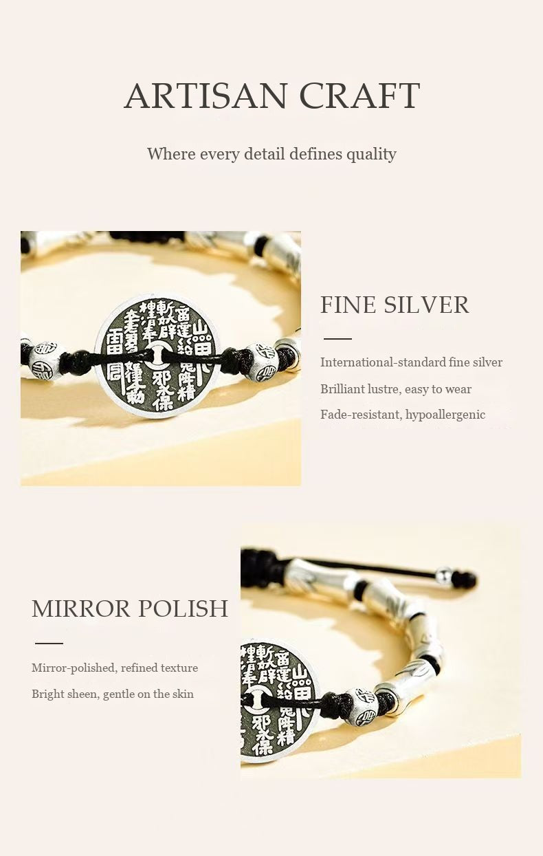 Fine Silver Bamboo & Mountain Spirit Coin Bracelet - Protection & Growth Amulet