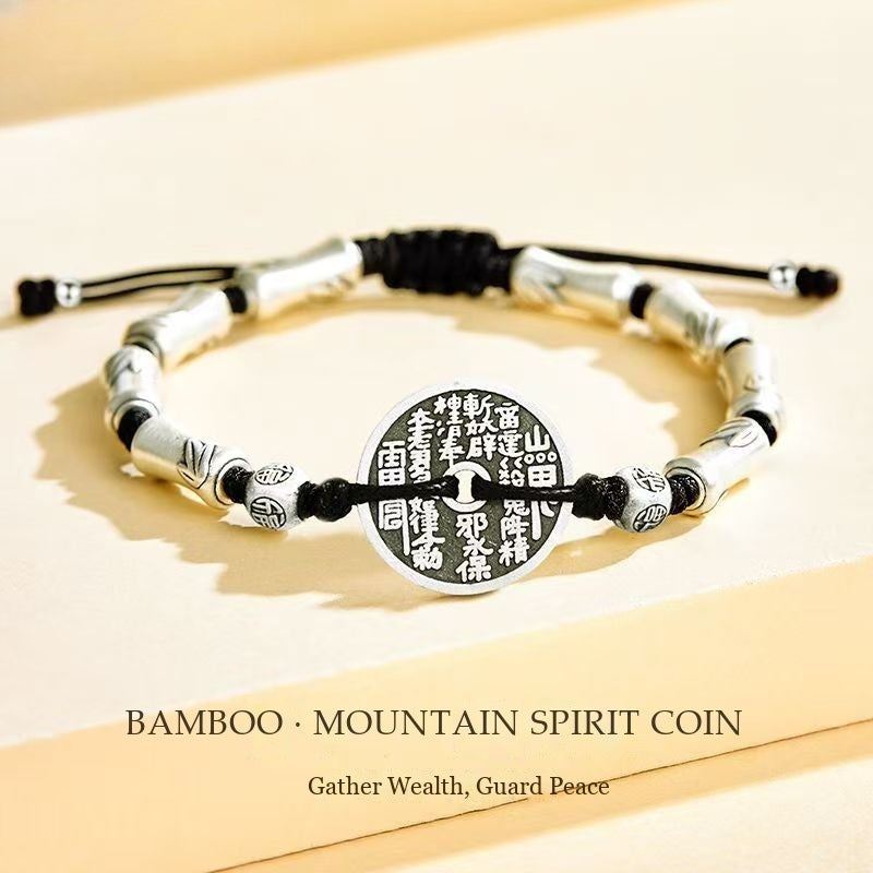 Fine Silver Bamboo & Mountain Spirit Coin Bracelet - Protection & Growth Amulet