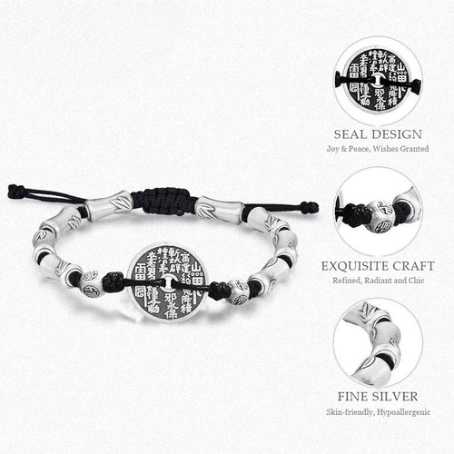 Fine Silver Bamboo & Mountain Spirit Coin Bracelet - Protection & Growth Amulet