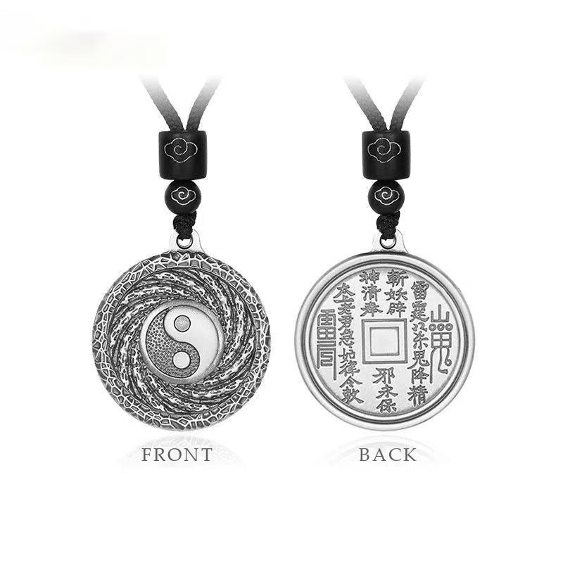 Fine Silver Taichi & Mountain Spirit Coin Pendant - Strength & Protection Talisman
