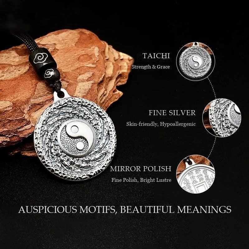 Fine Silver Taichi & Mountain Spirit Coin Pendant - Strength & Protection Talisman