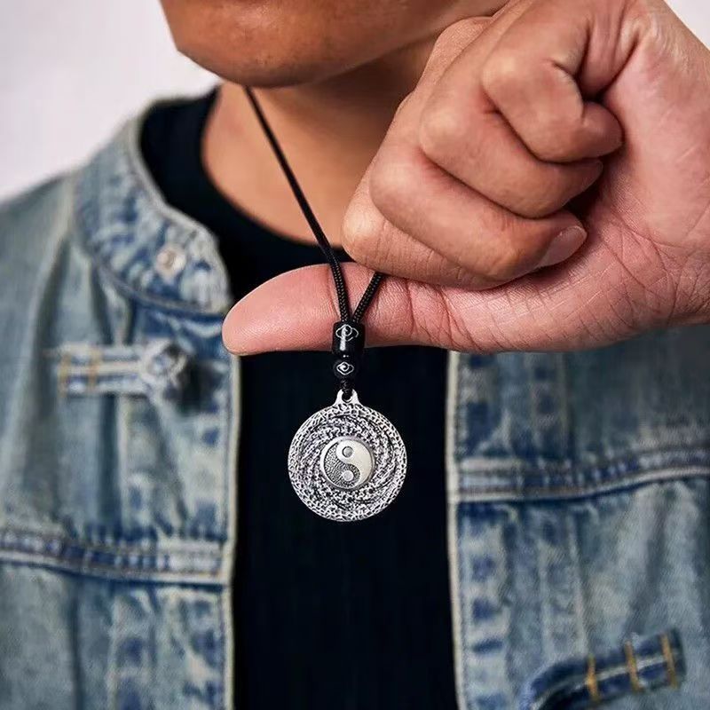 Fine Silver Taichi & Mountain Spirit Coin Pendant - Strength & Protection Talisman