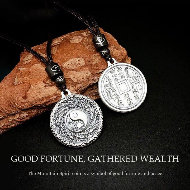 Fine Silver Taichi & Mountain Spirit Coin Pendant - Strength & Protection Talisman