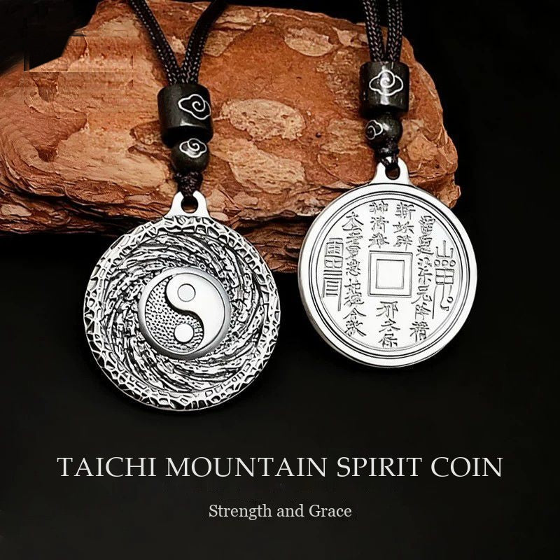 Fine Silver Taichi & Mountain Spirit Coin Pendant - Strength & Protection Talisman