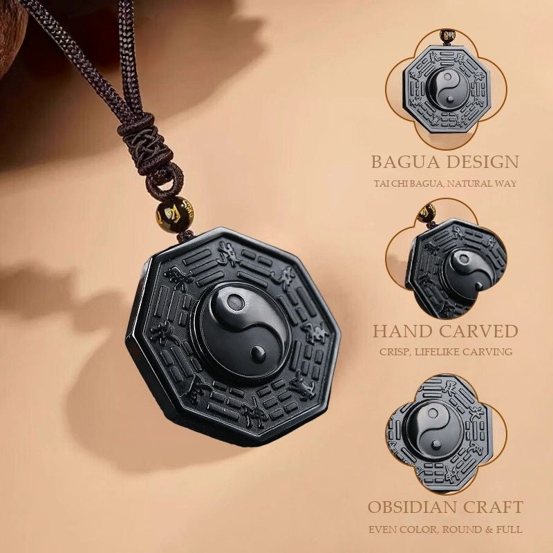 Natural Obsidian Tai Chi Bagua Pendant Necklace | Hand-Carved Taoist Protection Talisman