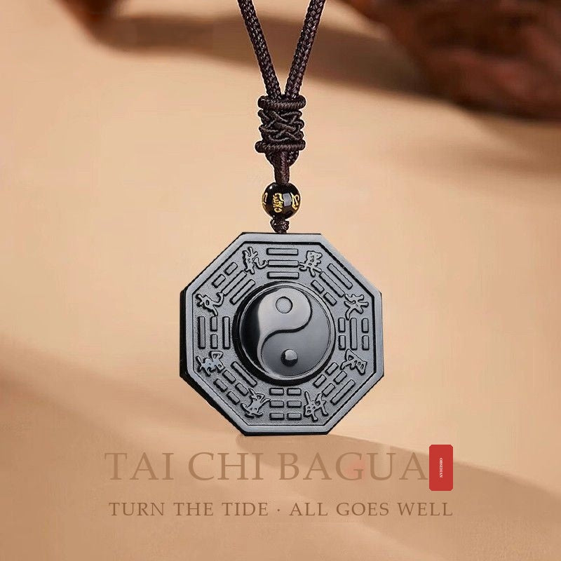 Natural Obsidian Tai Chi Bagua Pendant Necklace | Hand-Carved Taoist Protection Talisman