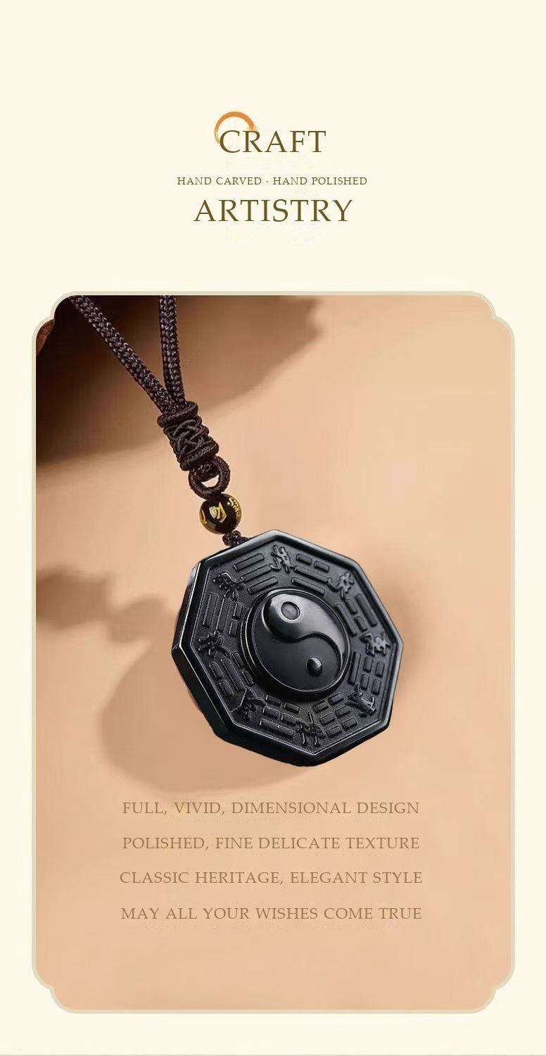 Natural Obsidian Tai Chi Bagua Pendant Necklace | Hand-Carved Taoist Protection Talisman