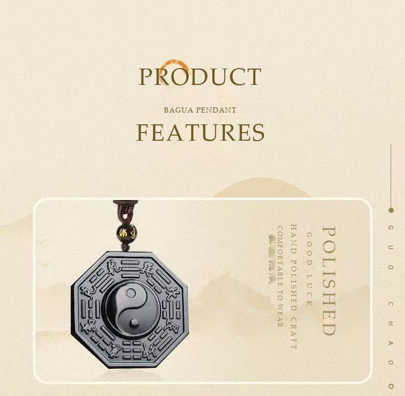 Natural Obsidian Tai Chi Bagua Pendant Necklace | Hand-Carved Taoist Protection Talisman