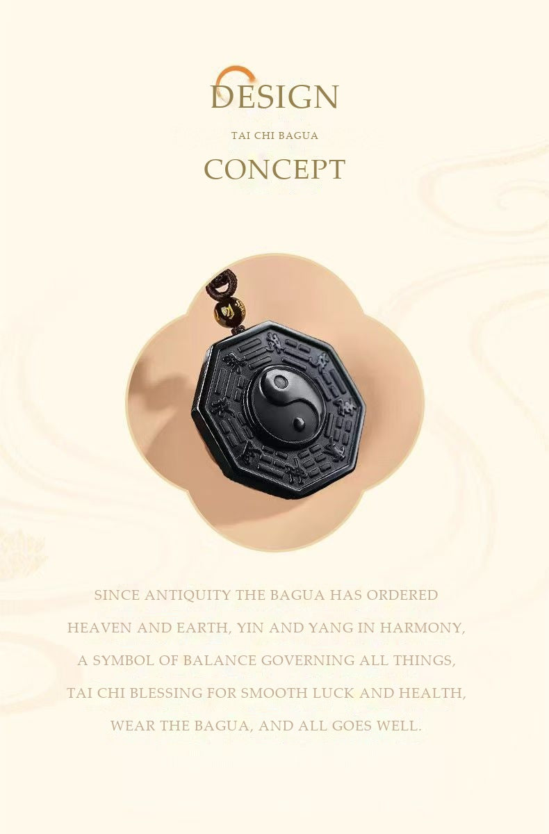Natural Obsidian Tai Chi Bagua Pendant Necklace | Hand-Carved Taoist Protection Talisman