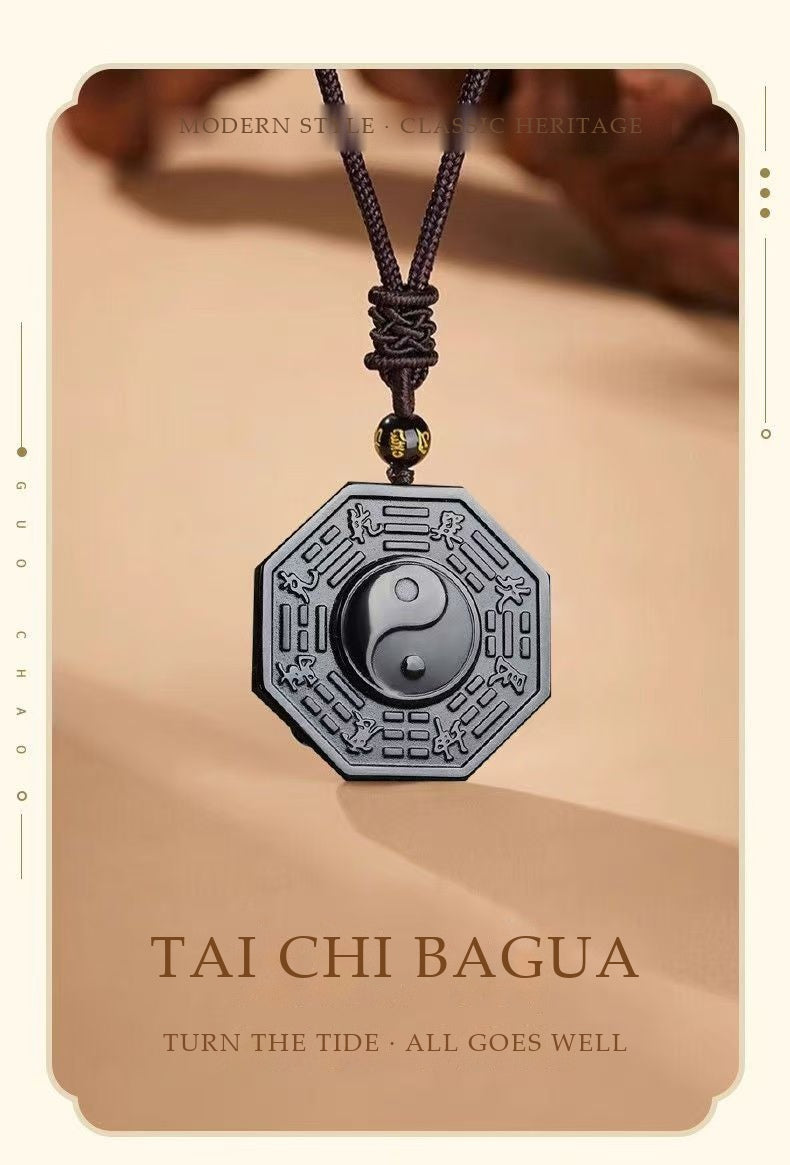 Natural Obsidian Tai Chi Bagua Pendant Necklace | Hand-Carved Taoist Protection Talisman