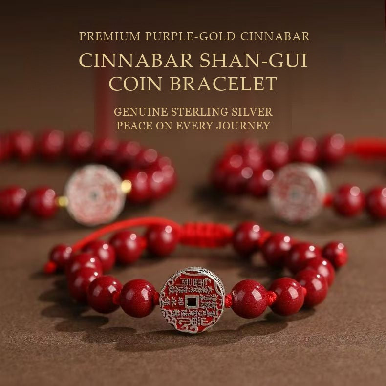 Imperial Cinnabar & S925 Sterling Silver Shan-Gui Charm Coin Bracelet | Taoist Mountain Spirit Protection Talisman