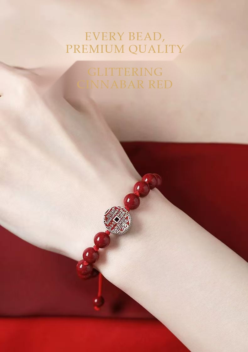 Imperial Cinnabar & S925 Sterling Silver Shan-Gui Charm Coin Bracelet | Taoist Mountain Spirit Protection Talisman
