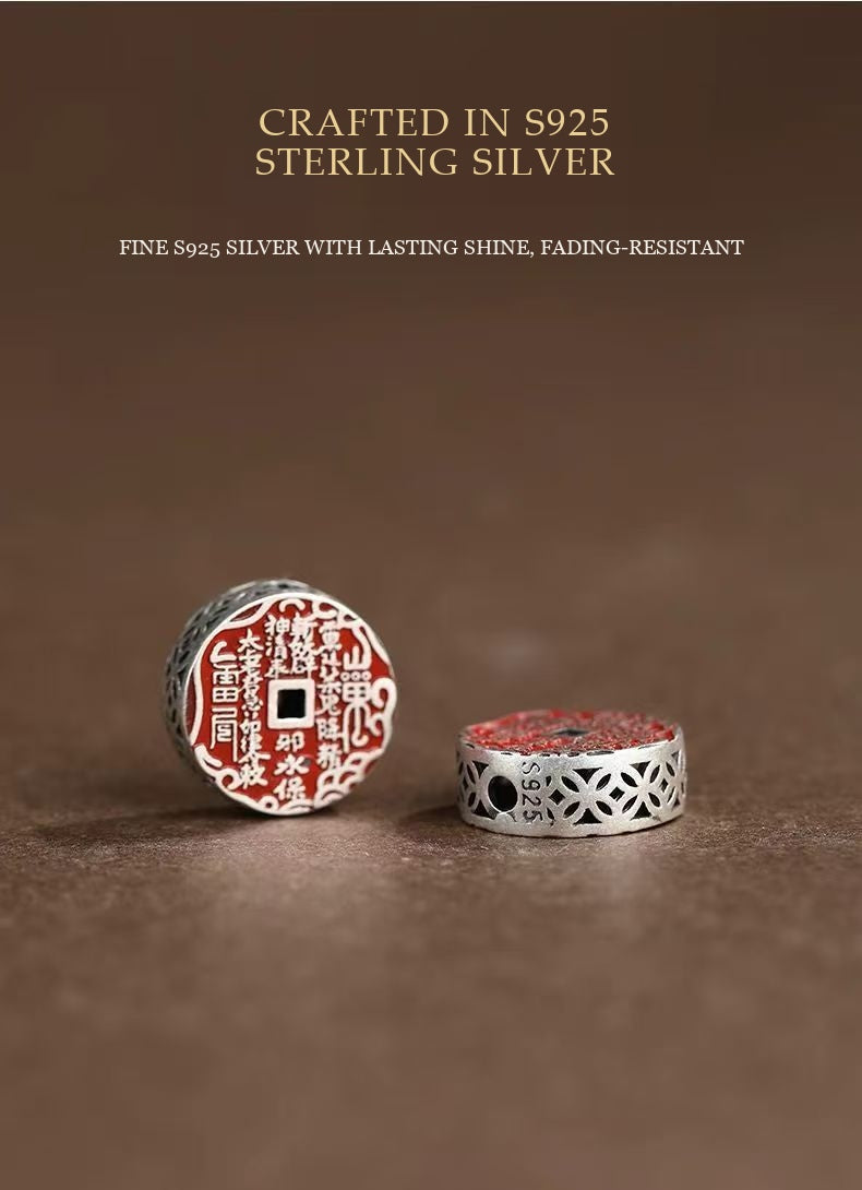 Imperial Cinnabar & S925 Sterling Silver Shan-Gui Charm Coin Bracelet | Taoist Mountain Spirit Protection Talisman