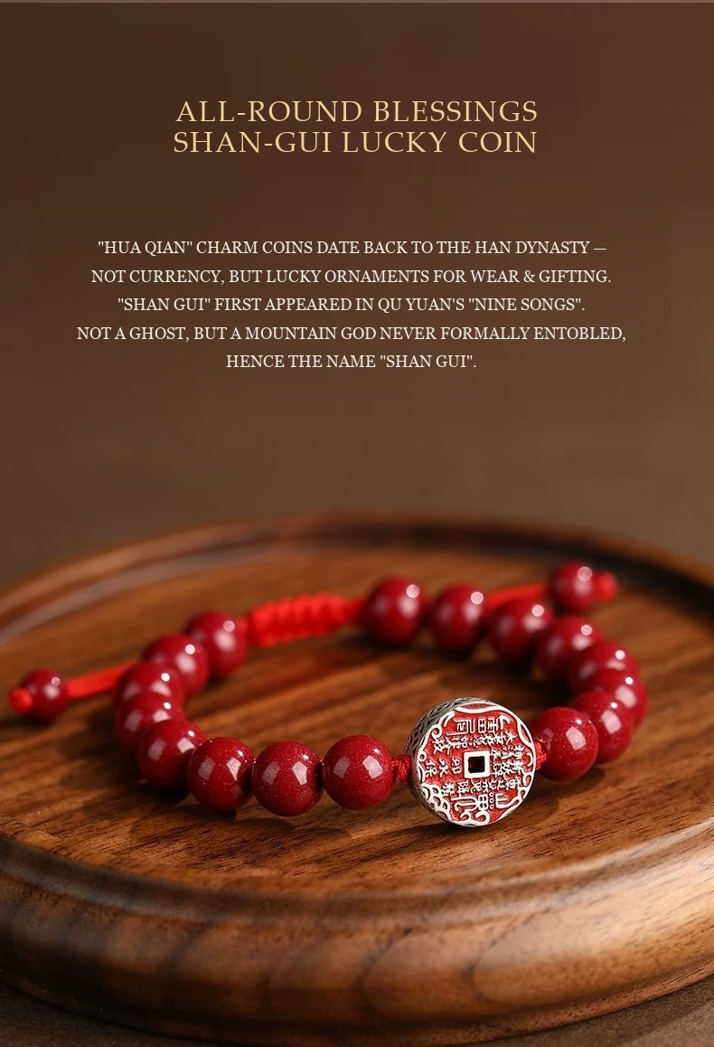Imperial Cinnabar & S925 Sterling Silver Shan-Gui Charm Coin Bracelet | Taoist Mountain Spirit Protection Talisman