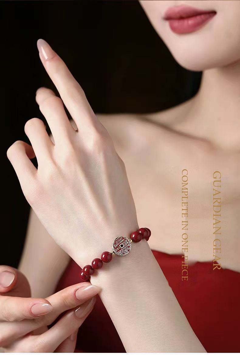 Imperial Cinnabar & S925 Sterling Silver Shan-Gui Charm Coin Bracelet | Taoist Mountain Spirit Protection Talisman