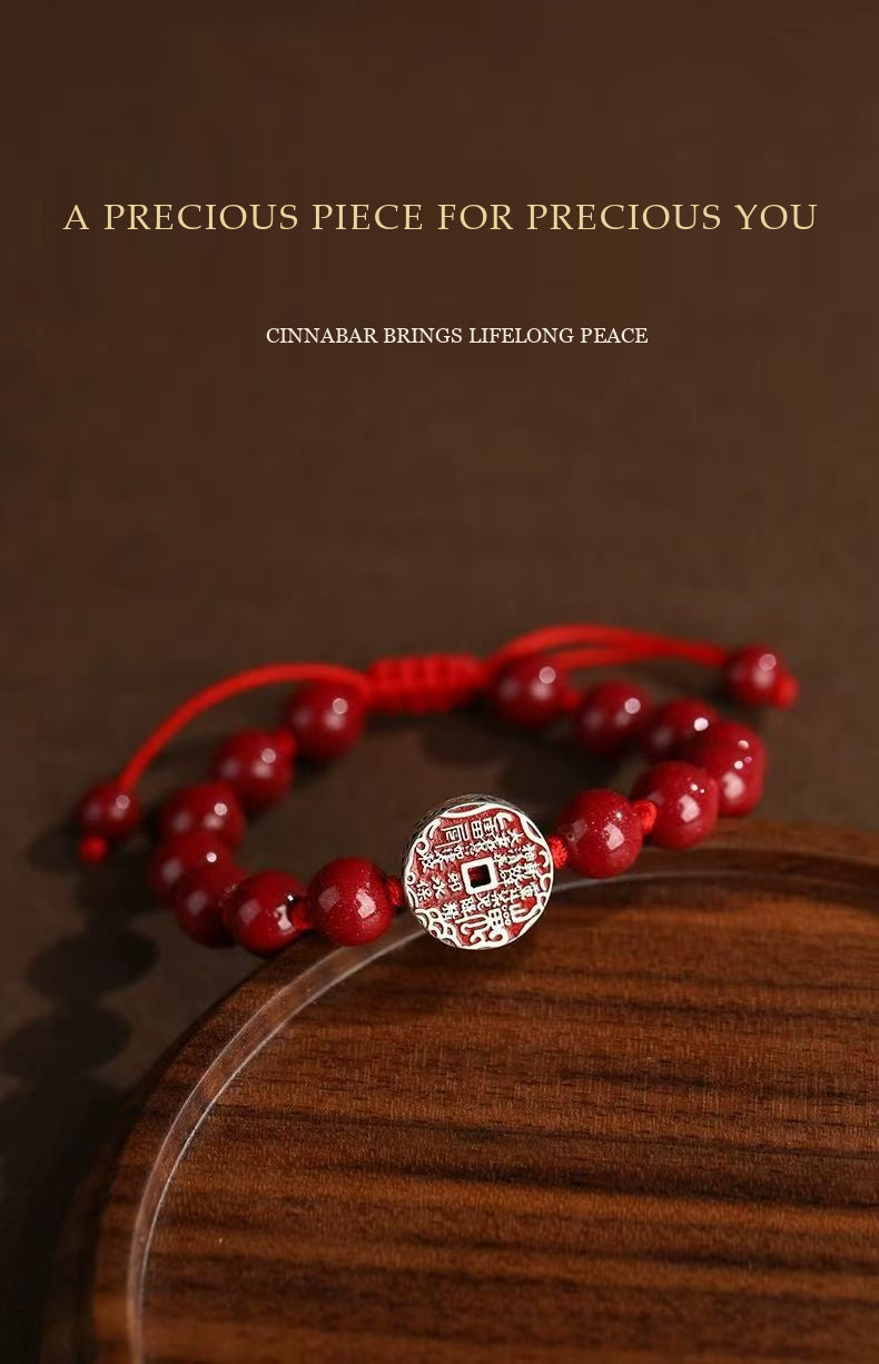 Imperial Cinnabar & S925 Sterling Silver Shan-Gui Charm Coin Bracelet | Taoist Mountain Spirit Protection Talisman