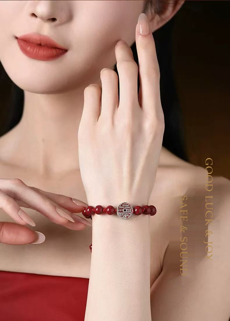 Imperial Cinnabar & S925 Sterling Silver Shan-Gui Charm Coin Bracelet | Taoist Mountain Spirit Protection Talisman