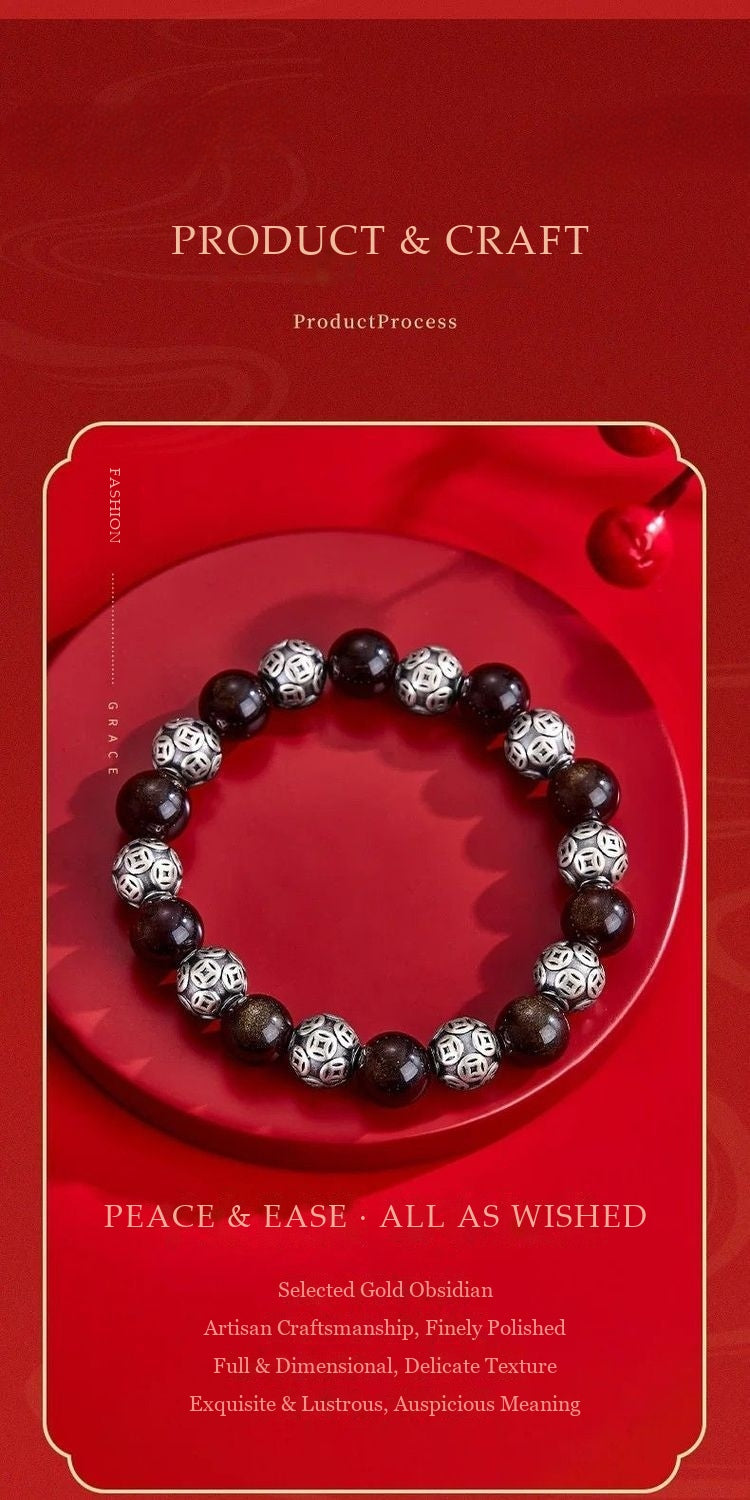 Endless Fortune Bracelet – Gold Obsidian & Fine Silver Coin Beads
