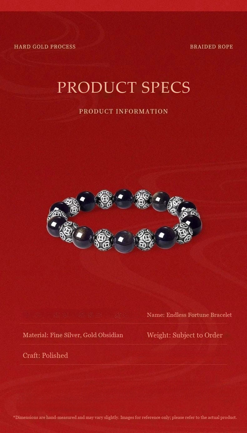 Endless Fortune Bracelet – Gold Obsidian & Fine Silver Coin Beads
