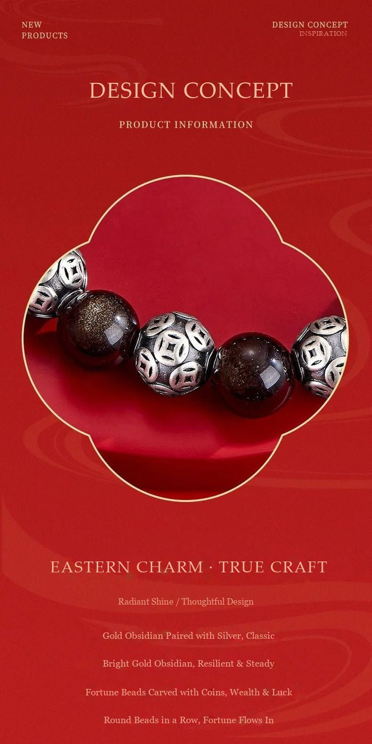 Endless Fortune Bracelet – Gold Obsidian & Fine Silver Coin Beads